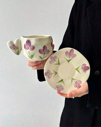 Vintage Floral Heart Handle Mug & Saucer Set