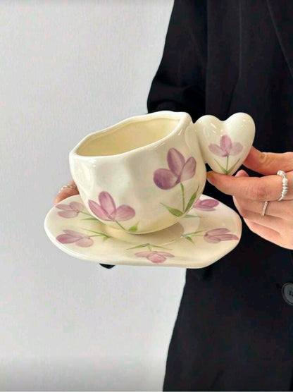 Vintage Floral Heart Handle Mug & Saucer Set