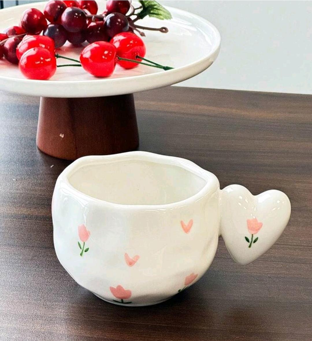 Heart Handle Ceramic Mug – Aesthetic Coffee & Tea Cup 300ml