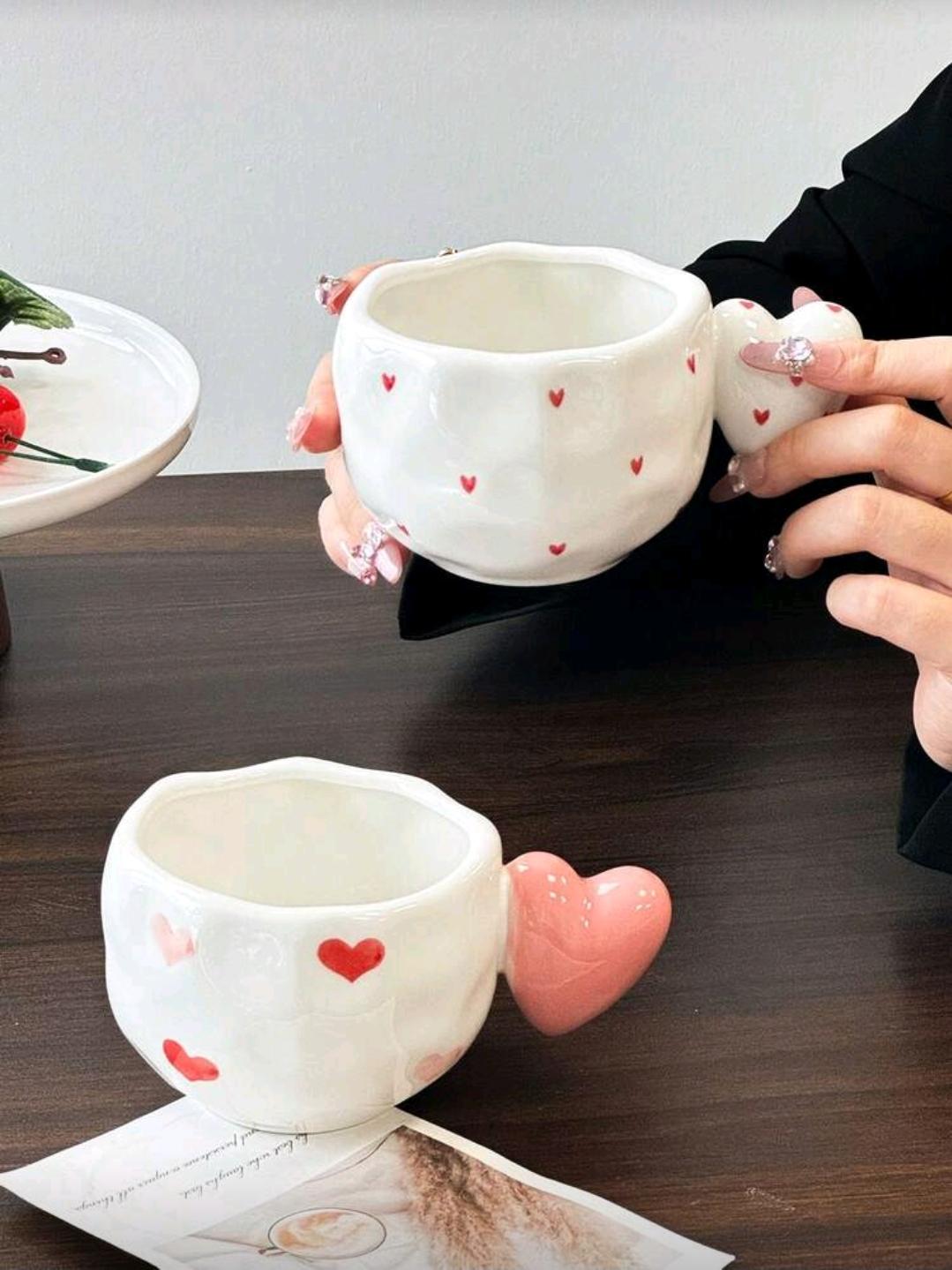 Heart Handle Ceramic Mug – Aesthetic Coffee & Tea Cup 300ml